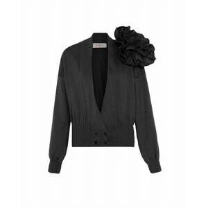 NEW THEO THE LABEL women's nomia ribbed waist rosette cardigan in black